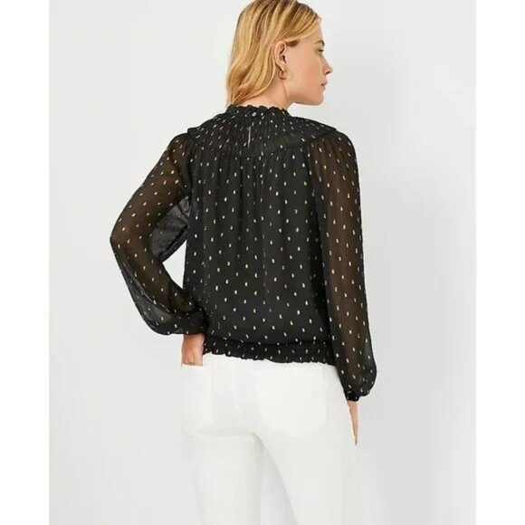 Ann Taylor Metallic Clip Smocked Ruffle Neck Top XS - Picture 2 of 3